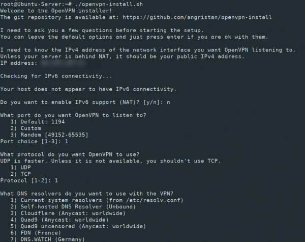 OpenVPN installation settings