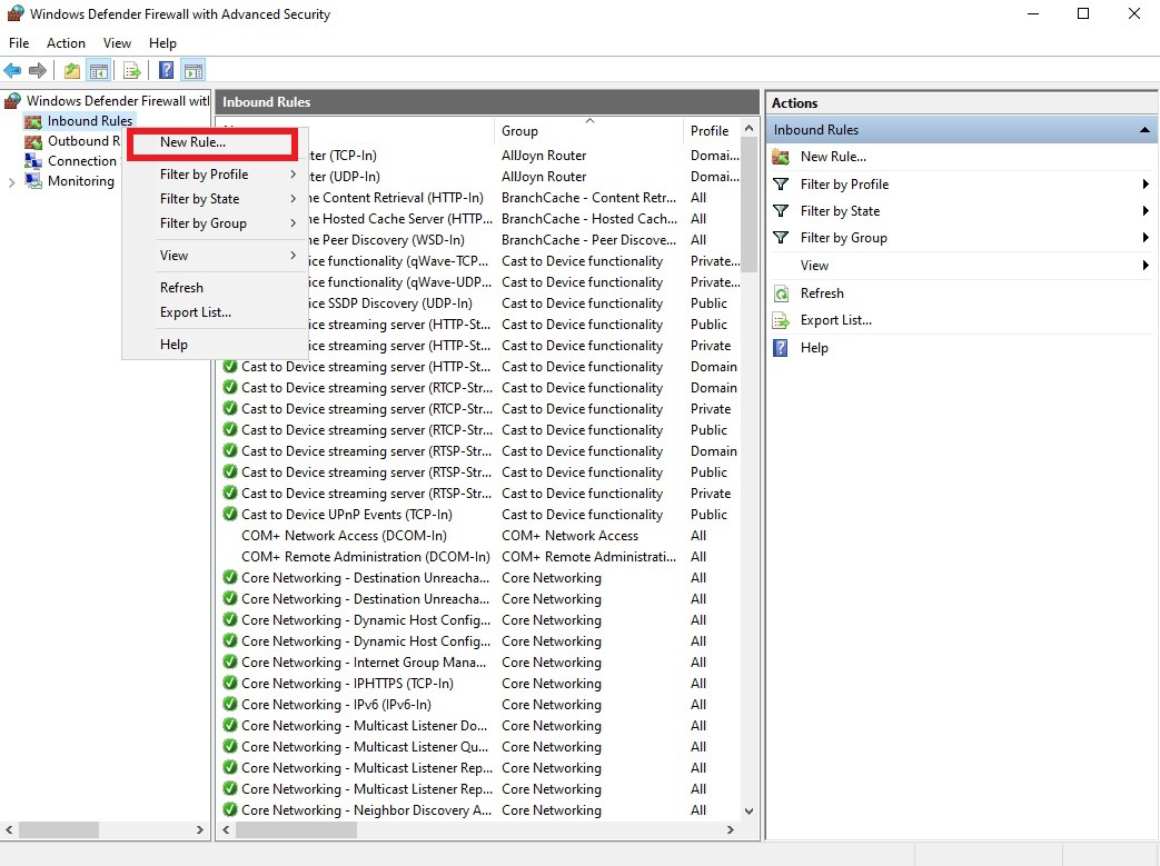 Nova regra para o Firewall do Windows