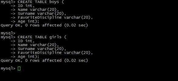 Create two tables into the database