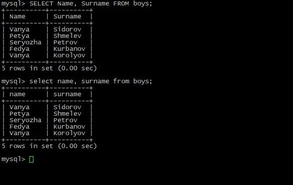 Os comandos SQL não diferenciam maiúsculas de minúsculas