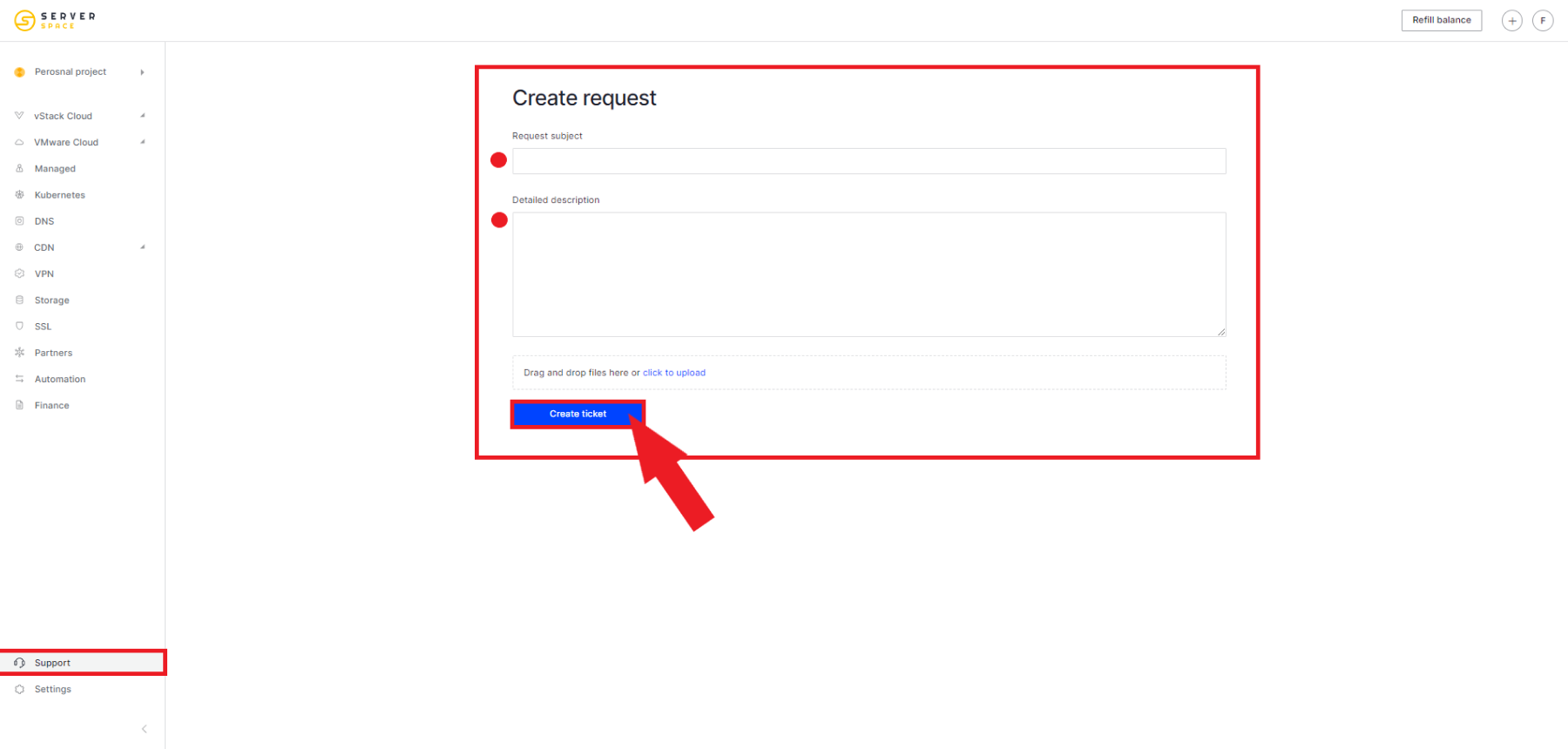 Create support request through control pannel