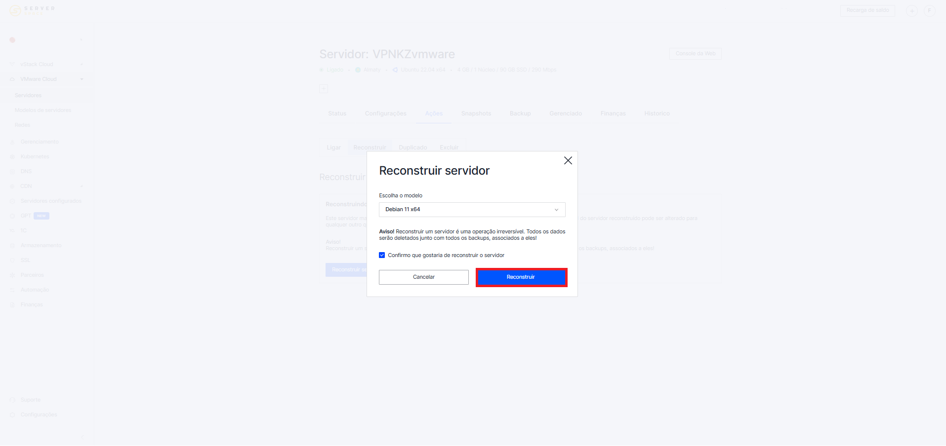 Confirm a reconstruction of the server
